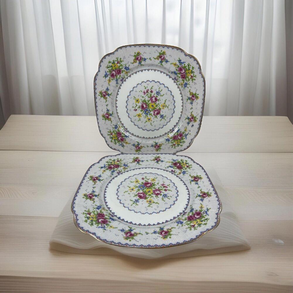Vintage Set Of 2 Royal Albert Petit Point Bone China Square Dinner Plate 9.5"